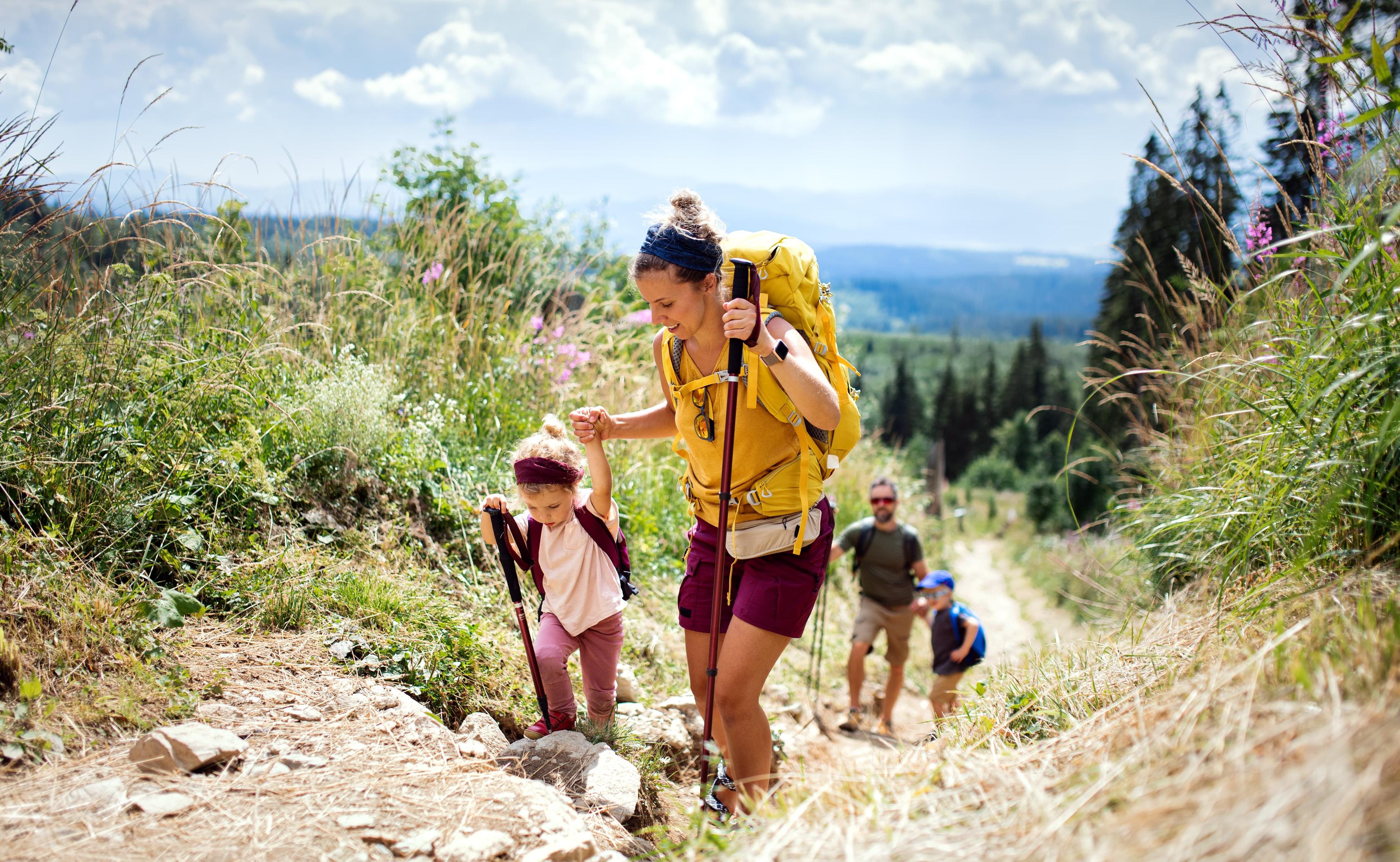 Familie wandert im Sommer